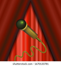 Vector Retro Gold Microphone Icon Isolated on Red Curtain Background.