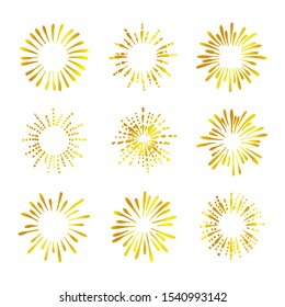 Vector Retro Golden Shine Icons Isolated on White Background, Gradient Gold Color, Doodle Fireworks Set.