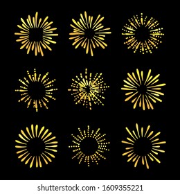 Vector Retro Golden Shine Icons Isolated on Black Background, Gradient Gold Color, Doodle Fireworks Set.