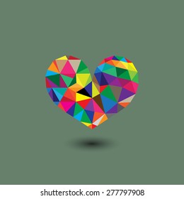 vector retro gradient colorful heart. made from triangles on gray background.