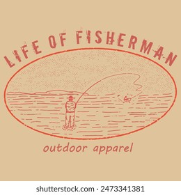 vector retro graphic design of an angler fishing in a lake, design for t-shirts.