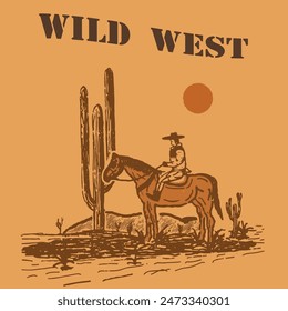 Vector retro Diseño gráfico de un vaquero montando a caballo en el desierto, para el diseño de camisetas