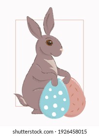 Vektor-Retro-Grußkartenpastelll Osterhase mit farbigen Eiern. Eine sanfte und süße Illustration.