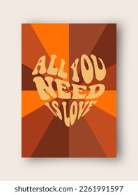 Vector retro greeting card for Valentines Day. Vintage postcard with groovy love heart shape