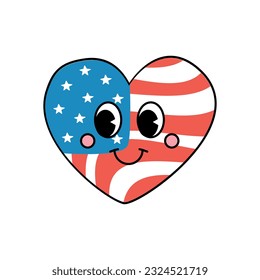 Vector retro groovy American flag heart with face isolated on white background