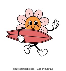 Vector retro groovy cartoon flower with surf board isolated on white background