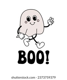 Vector retro groovy cartoon ghost and Halloween boo lettering isolated on white background