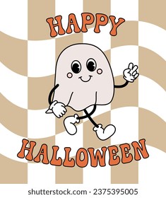 Vector retro groovy cartoon ghost and Halloween lettering isolated on chessboard background