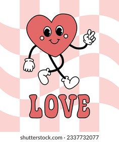 Vector retro groovy cartoon heart with love lettering isolated on pink checkered chessboard background