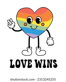 Vector retro groovy cartoon lgbt heart and love wins lettering isolated on white background