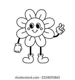 Flor del contorno de dibujos animados retro vectorial aislada en fondo blanco