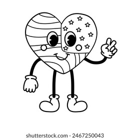 Vector retro groovy corazón de dibujos animados con la bandera de EE.UU. aislado sobre fondo blanco