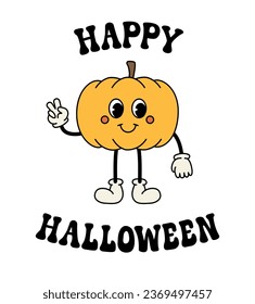 Vector retro groovy cartoon pumpkin and Halloween lettering isolated on white background