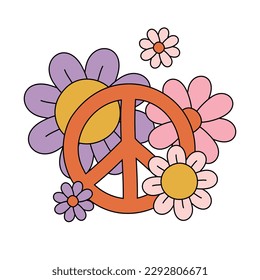 Vector retro groovy colorful peace and flowers isolated on white background