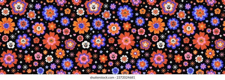 Vector retro groovy daisy psychedelic seamless surface pattern. Cute hippy style daisy flowers with emotional faces. Cool bold retro floral repeat background. Funky hippie vintage floral repeating pri