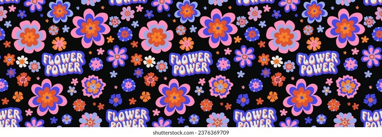 Vector retro groovy daisy psychedelic seamless surface pattern with cute Flower Power typography. Cool bold retro flower repeat background. Positive vibes funky hippie vintage floral repeating print 