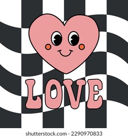 Vector retro groovy heart and love lettering isolated on chessboard checkered background