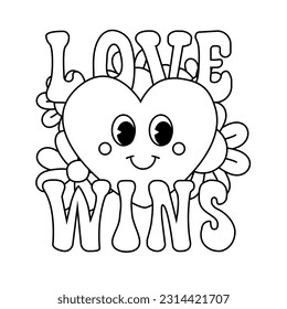 Vector retro groovy heart and love wins lettering isolated on white background