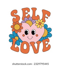 Vector retro groovy heart with self love lettering isolated on white background