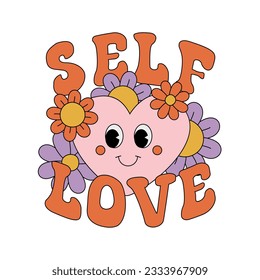 Vector retro groovy heart with self love lettering isolated on white background
