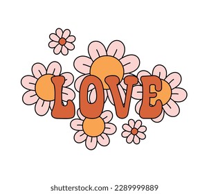 Vector retro groovy love lettering with flowers isolated on white background
