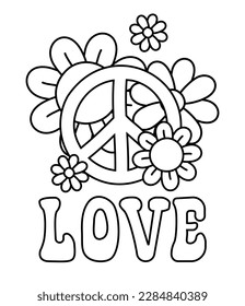 Vector retro groovy outline poster with flowers peace sign and love lettering isolated on white background