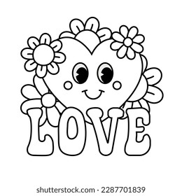 Vector retro groovy outline print with love lettering heart and flowers isolated on white background