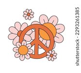 Vector retro groovy peace and flowers isolated on white background