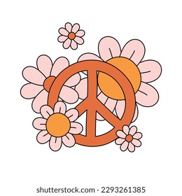 Vector retro groovy peace and flowers isolated on white background