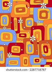 Vector retro groovy psychedelic cover template. Trendy 70s surreal poster. Colorful geometric shapes background with flowers. Trippy hippie culture backdrop