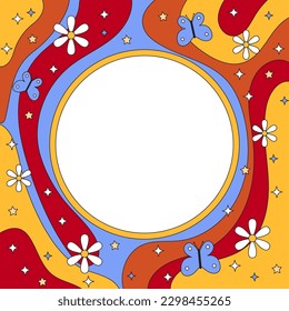 Vector retro groovy psychedelic round frame template. Trendy 70s surreal vintage style . Colorful wavy background with flowers. Trippy hippie culture backdrop