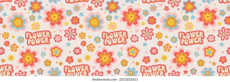 Vector retro groovy psychedelic seamless daisy pattern. Cool bold retro flower illustrations and psychedelic Flower Power lettering background. Positive vibes funky hippie vintage floral digital paper