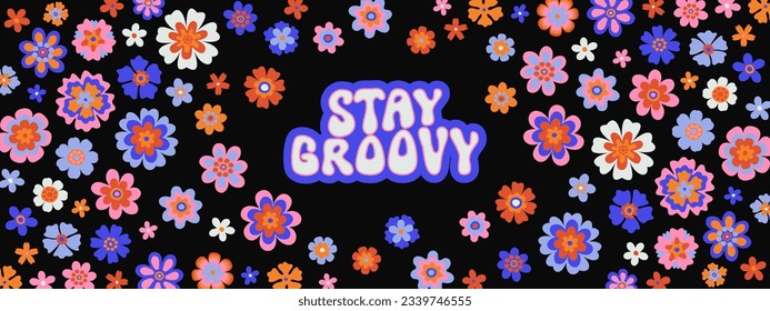 Vector retro groovy psychedelic seamless daisy pattern. Bold retro psychedelic Stay Groovy typography on cool floral background. Cool funky hippie vintage banner on black background