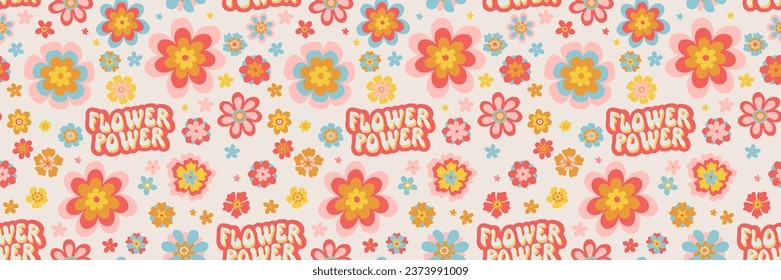 Vector retro groovy psychedelic seamless daisy pattern. Cool bold retro flower illustrations and psychedelic Flower Power lettering background. Positive vibes funky hippie vintage floral digital paper