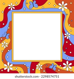 Vector retro groovy psychedelic square frame template. Trendy 70s surreal vintage style . Colorful wavy background with flowers. Trippy hippie culture backdrop.