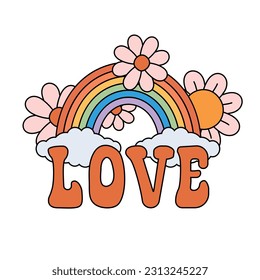 Vector retro groovy rainbow and love lettering isolated on white background