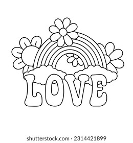 Vector retro groovy rainbow and love lettering isolated on white background