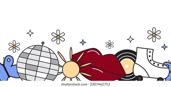 Vector retro groovy seamless border. Trendy 70s background. Vinyl records, vintage roller skating, disco ball, lips on white background. Backdrop for wallpaper, print, textile, fabric, wrapping