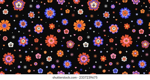 Vector retro groovy smiley daisies psychedelic seamless surface pattern. Cute hippie ditsy daisy flowers with emotional faces. Cool bold retro floral repeat backdrop. Bright funky vintage floral print