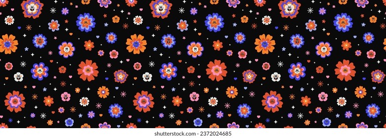 Vector retro groovy smiley daisies psychedelic seamless surface pattern. Cute hippie ditsy daisy flowers with emotional faces. Cool bold retro floral repeat backdrop. Bright funky vintage floral print