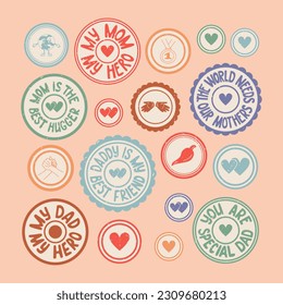 Vector retro groovy stamp set with saying about moms and dads. Round isolated stickers with scratches and attrition on retro background. Perfect for decoration, greeting cards, postcards
