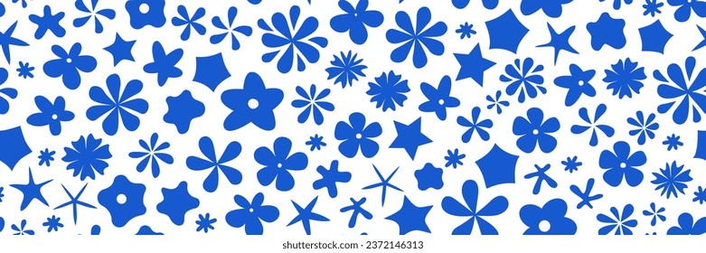 Vector retro groovy y2k blue floral seamless pattern. Abstract daisy print in 70s vintage style. Trendy trippy irregular stylized flower elements, Simple psychedelic kids flat design surface pattern