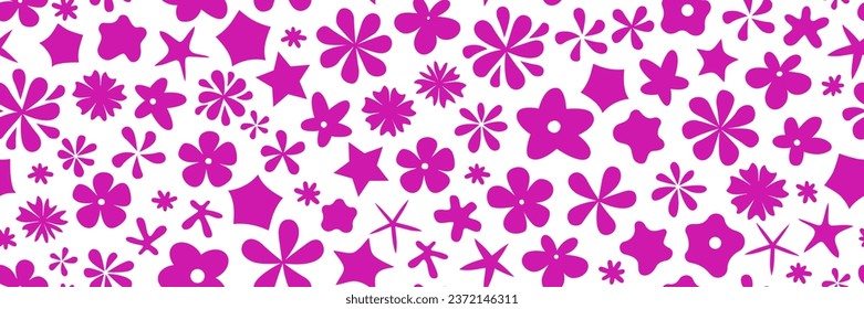 Vector retro groovy y2k pink floral seamless pattern. Abstract daisy print in 70s vintage style. Trendy trippy irregular stylized flower elements, Simple psychedelic kids flat design surface pattern