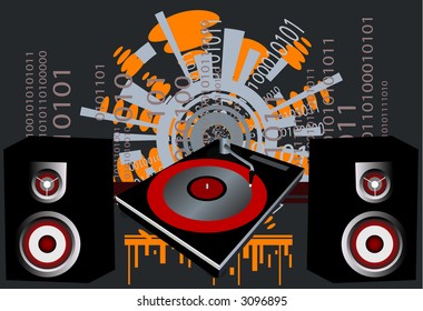 Vector - Retro with grunge background and a dj mix turntable. Concept: Party and entertainment.