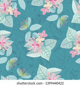 Vector Retro Hand drawing colorful florals seamless pattern. Design can use for fashion,fabric, web, card, wallpaper and all prints on  grren mint  background