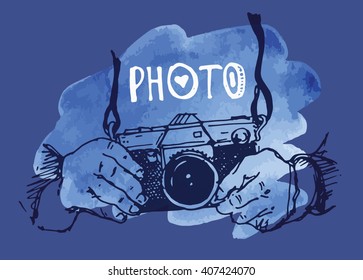 Vector retro hand drawing photo camera isolated. Vector illustration camera.
