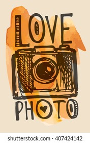 Vector retro hand drawing photo camera isolated. Vector illustration camera.