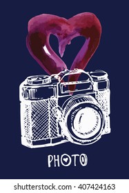 Vector retro hand drawing photo camera isolated. Vector illustration camera.
