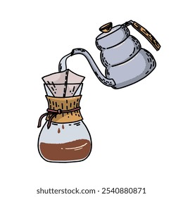 Vector retro hand drawn coffee equipments kettle for brewing coffee and chemex illustration of alternative method of brewing coffee