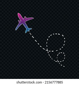 Vector Retro handgezeichnet Flying Airplane Vintage Style Travel Plane Illustration einzeln auf transparentem Hintergrund Glows Neon Gradient Transportation Konzept Design Element. Tourismus, Urlaub.